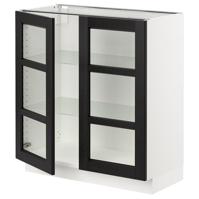 Modern SEKTION kitchen cabinet with black ash doors and glass shelves.