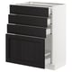 Modern kitchen cabinet in black and white. Four drawers, with dark stained wood fronts and bevelled edges, set in a white frame.