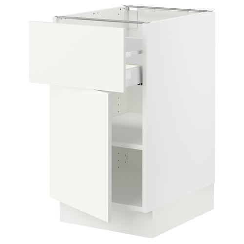 SEKTION white kitchen cabinet with drawers and adjustable shelves.