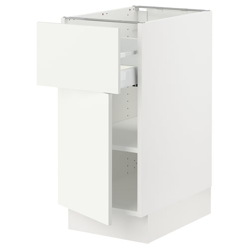 White SEKTION kitchen cabinet with adjustable shelves and soft-closing door.