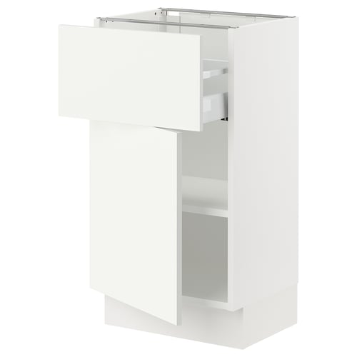 A white SEKTION kitchen cabinet with a single drawer and adjustable shelves.