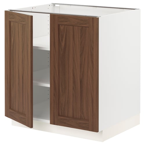 SEKTION walnut kitchen cabinet, two doors, white frame, wood grain.