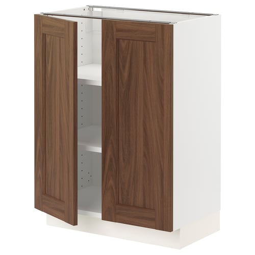 SEKTION kitchen cabinet, white base, dual wooden doors open, mid-toned wood, adjustable shelves.