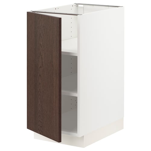 Ikea SEKTION white cabinet with dark brown wood grain door, minimalist design.