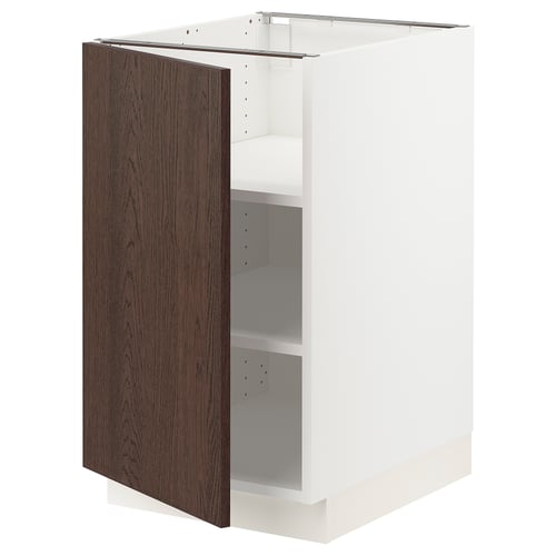 Minimalist white kitchen cabinet with dark brown wooden door, featuring adjustable shelves and snap-on hinges.