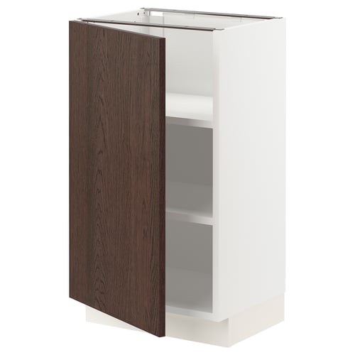 Ikea SEKTION white kitchen cabinet, dark brown wood door, adjustable shelves, soft-close hinge.