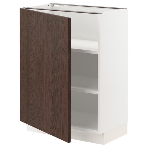 SEKTION kitchen cabinet with dark brown wood door, white frame, two shelves, modern design.