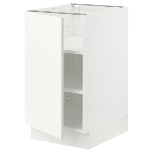 This image shows a white SEKTION kitchen cabinet with a modern design, including adjustable shelves and a sturdy frame.