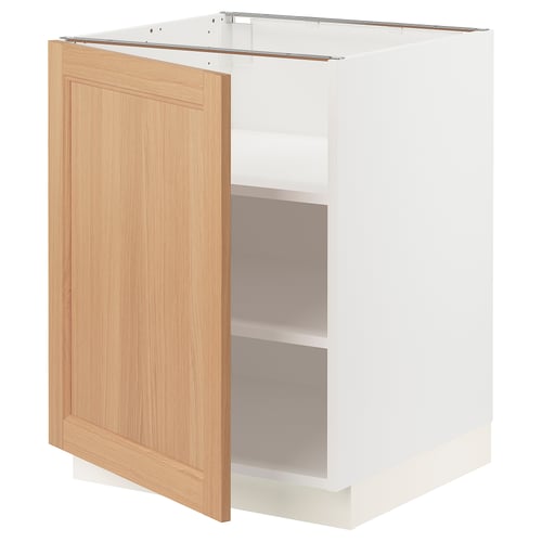 An ikea SEKTION kitchen cabinet with a white base and a light oak door, featuring a single shelf inside.