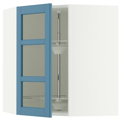 SEKTION Corner wall cab w carousel/glass dr, white/Lerhyttan blue, 26x15x30 "