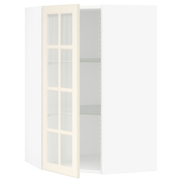 SEKTION Corner wall cab w shelves/glass dr, white/Bodbyn off-white, 26x15x40 "