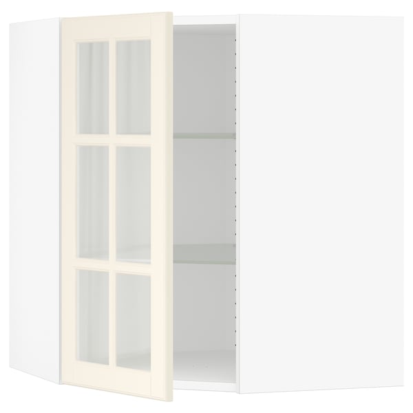 SEKTION Corner wall cab w shelves/glass dr, white/Bodbyn off-white, 26x15x30 "