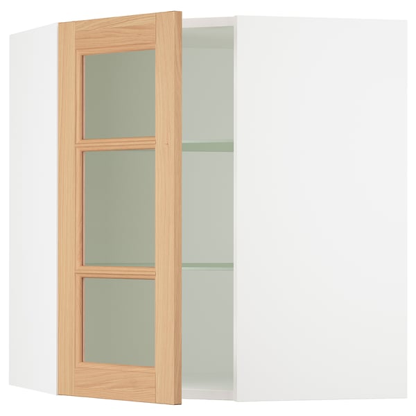 SEKTION Corner wall cab w shelves/glass dr, white/Vedhamn oak, 26x15x30 "