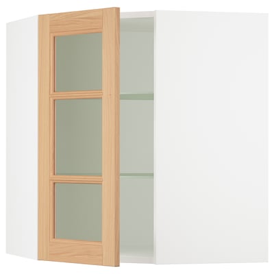 SEKTION Corner wall cab w shelves/glass dr, white/Vedhamn oak, 26x15x30 "