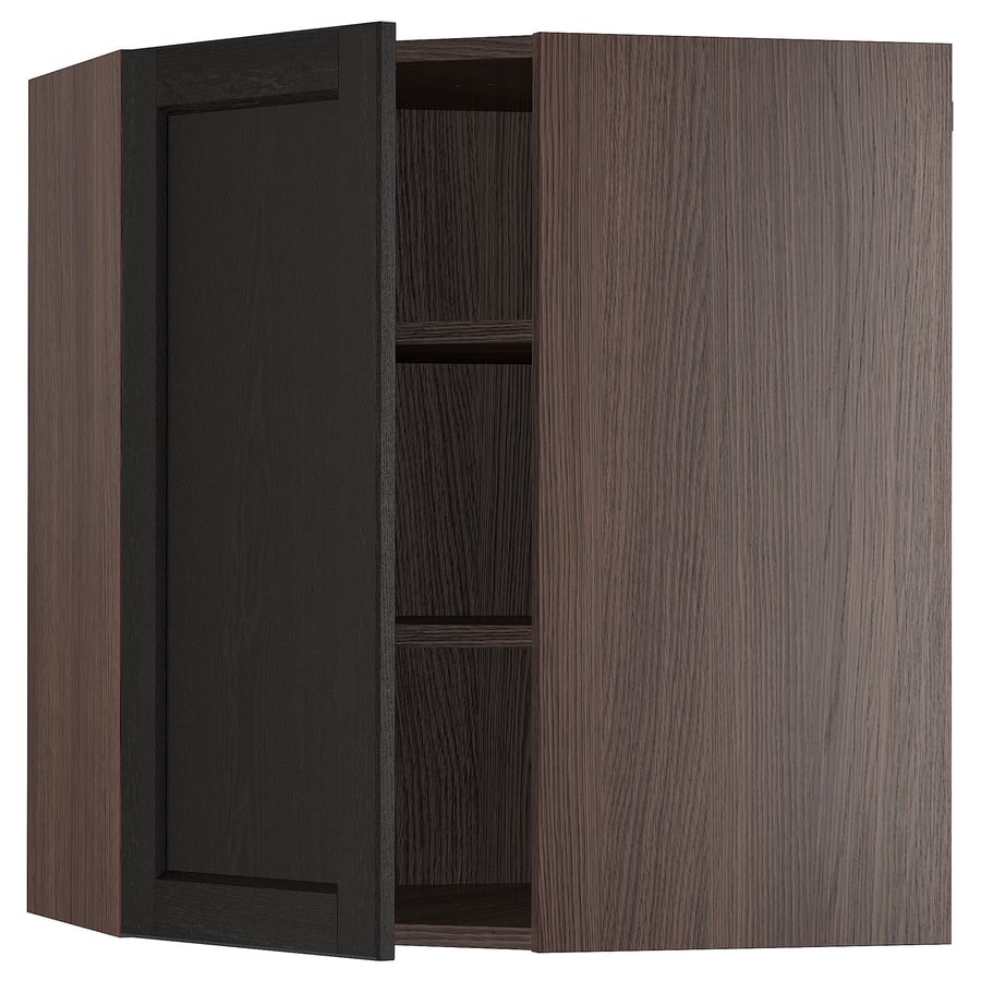 SEKTION Corner wall with shelves, brown/Lerhyttan black stained