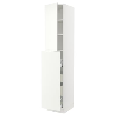 A white SEKTION kitchen cabinet with multiple shelves and adjustable shelves.