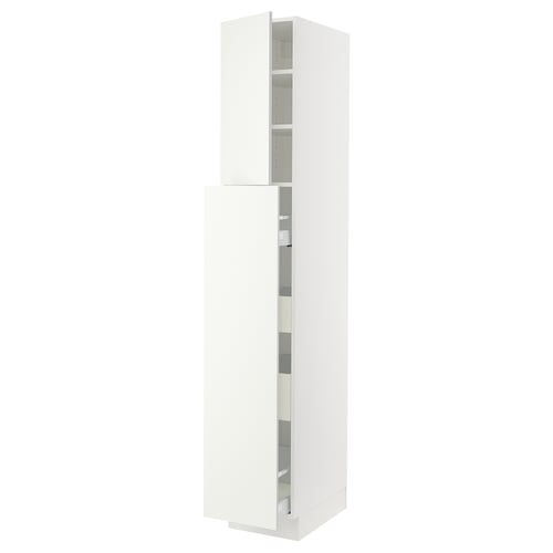 Clean white tall cabinet with adjustable shelves, sleek design, modern kitchen storage.