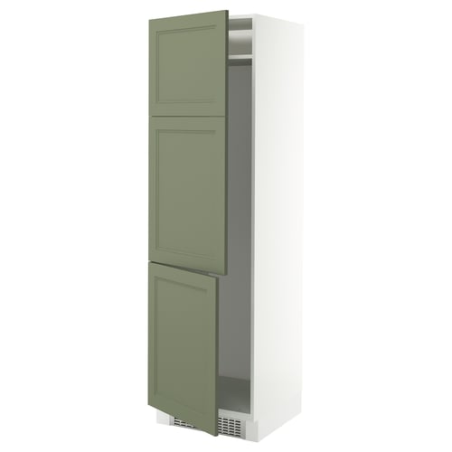 A SEKTION kitchen cabinet with three green-gray doors and a white frame, featuring adjustable shelves and soft-close hinges.
