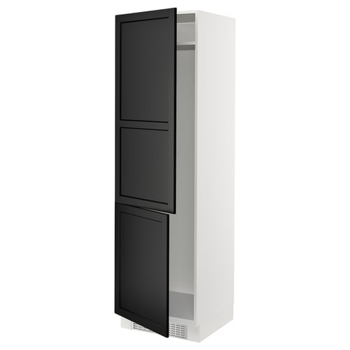 A tall, white SEKTION cabinet with dark grey lerhyttan doors, featuring a bevelled edge design. One door is open, revealing adjustable shelves inside.