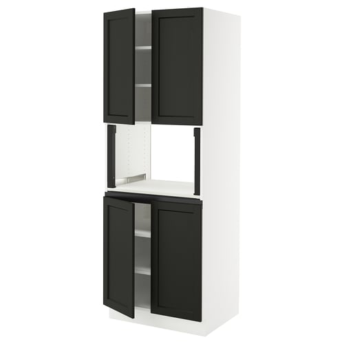 Black & white SEKTION kitchen cabinet with open doors, revealing metal shelves inside.