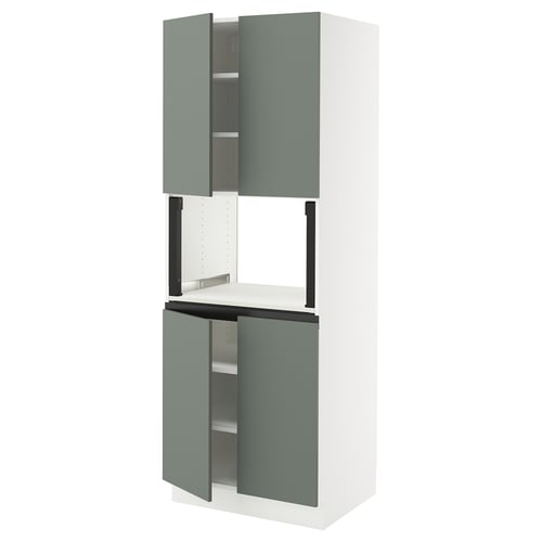 Modern kitchen cabinet in light grey-green with two doors, two shelves, and a countertop. White frame, sleek design.