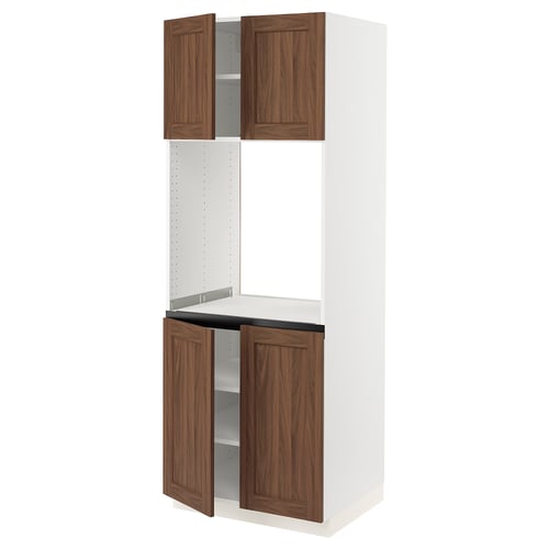 White and walnut cabinet, tall with open doors.