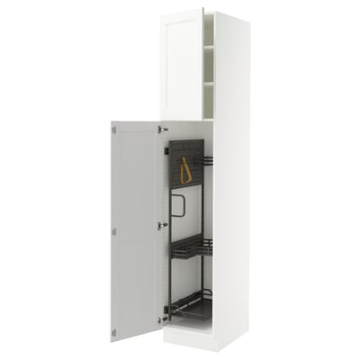 A white SEKTION kitchen cabinet with adjustable shelves and a built-in cleaning accessory.