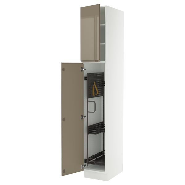 SEKTION High cabinet/pull-out int fittings, white/Voxtorp high-gloss dark grey-brown, 15x24x90 "