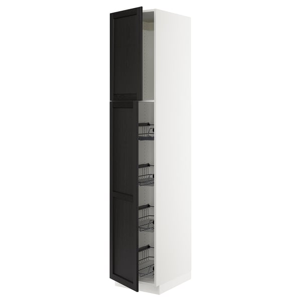 SEKTION High cabinet w door/wire baskets, white/Lerhyttan black stained, 18x24x90 "
