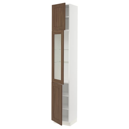 SEKTION white kitchen cabinet with walnut foil glass door and shelves.