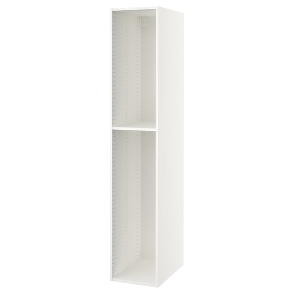 White SEKTION kitchen cabinet, tall and narrow, with internal shelves, made of melamine and fiberboard.