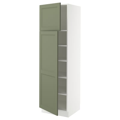 A tall, slim, white cabinet with greenish-gray doors, featuring a traditional panel design and an open door revealing adjustable shelves.