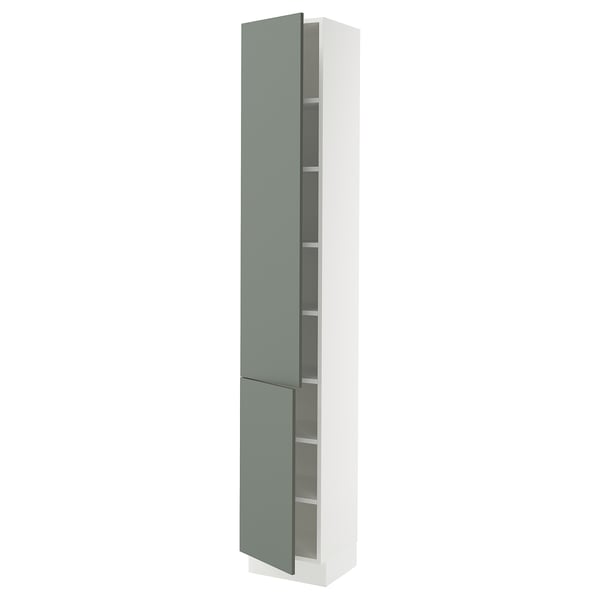 SEKTION High cabinet with shelves/2 doors, white/Nickebo matt grey-green, 15x15x90 "