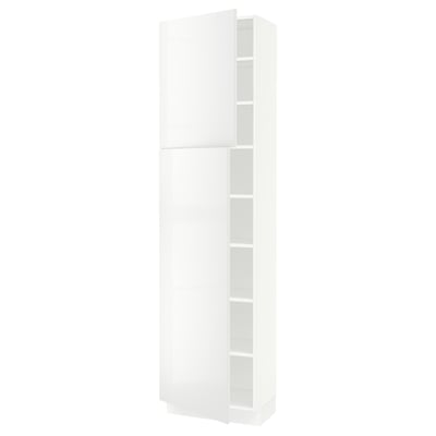 White high gloss cabinet, slim design, adjustable shelves, modern kitchen storage.