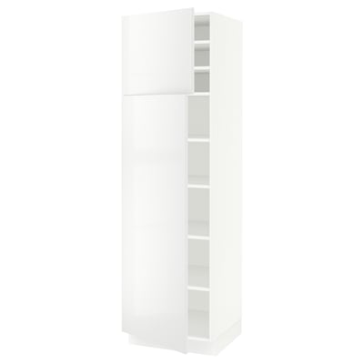 A tall, white SEKTION kitchen cabinet with a glossy finish. It adjustable shelves and a smooth, space-saving design.
