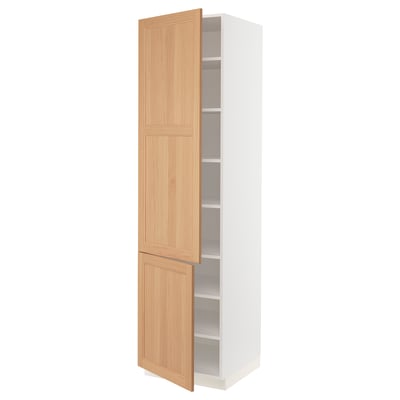 SEKTION white kitchen cabinet with light oak doors, tall, adjustable shelves.
