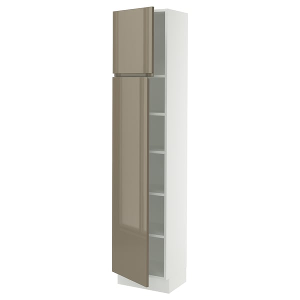 SEKTION High cabinet with shelves/2 doors, white/Voxtorp high-gloss dark grey-brown, 18x15x80 "