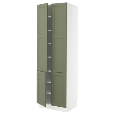 Ikea SEKTION tall kitchen cabinet in gray-green with adjustable shelves.