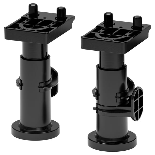 This image shows two black SEKTION legs for kitchen cabinets. They are adjustable, made of recycled plastic, and come pre-assembled.
