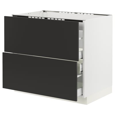 Modern black kitchen cabinet with two drawers, sleek design, sturdy construction.
