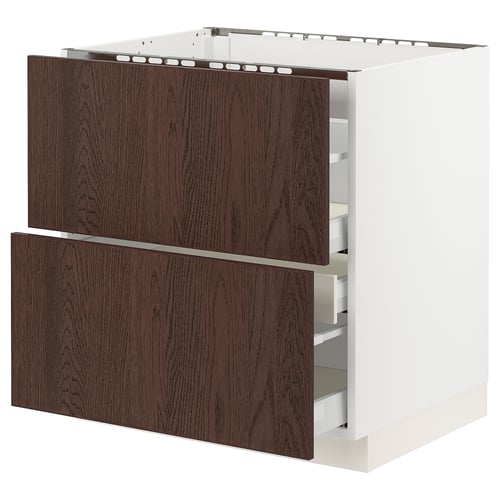 Ikea SEKTION kitchen cabinet. White with dark brown wood drawer fronts. Square shape, modern design.