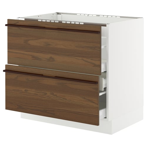 SEKTION kitchen unit, dark brown wood, white base, two drawers.