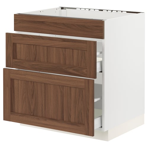 SEKTION kitchen cabinet with walnut wooden drawers & white frame, sturdy & sleek.