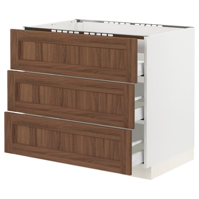 SEKTION / MAXIMERA Base cab f cktp/3 fronts/3 drawers, white Enköping/brown walnut effect, 36x24x30 "