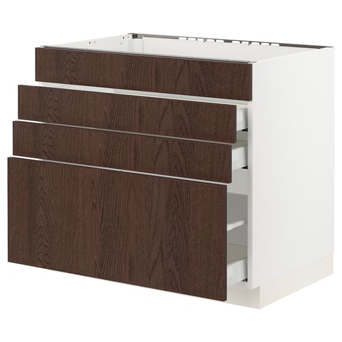 Dark brown kitchen cabinet with 4 drawers in solid wood white sinarp. Square and sleek design.
