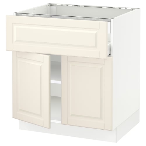 A SEKTION kitchen cabinet in off-white with bodbyn fronts, featuring adjustable shelves and a soft-close door.