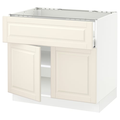 SEKTION off-white kitchen cabinet with bodbyn design, featuring adjustable shelves and smooth-closing drawers.