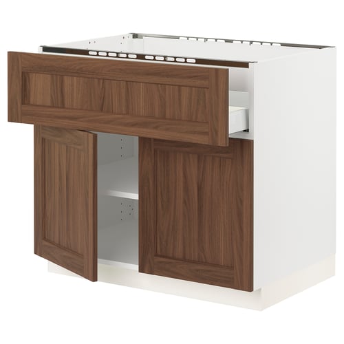 SEKTION kitchen unit, walnut wood, white base, 2 open drawers, 1 closed shelf.