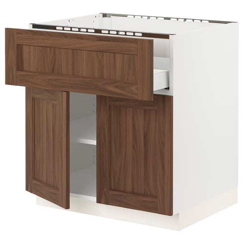 Wooden ikea SEKTION kitchen cabinet with drawers and shelves. It a walnut finish and white frame, designed for easy access and adjustability.