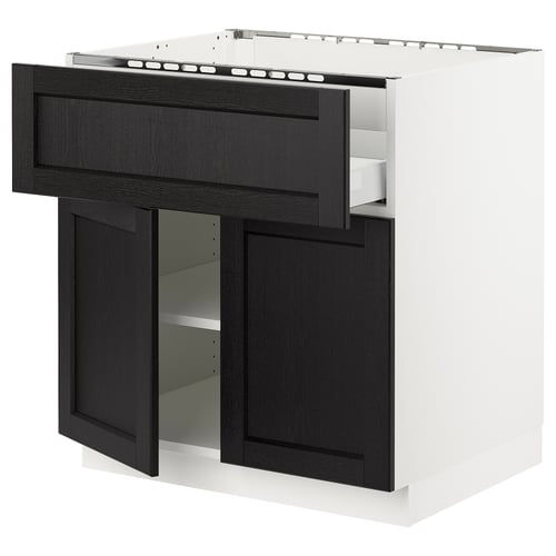 Modern kitchen unit, white with black drawers, wooden, rectangular, minimalist design.